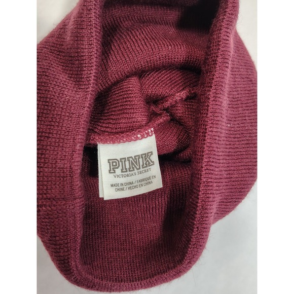 PINK Victoria's Secret Beanie Hat Burgundy White Pom Pom Logo Winter Warm - Picture 4 of 4
